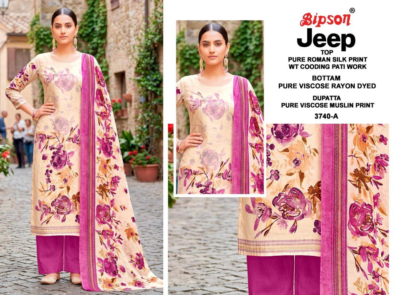 JEEP WRANGLAR - 3740 Series By BIPSON PRINTS Stylish Beautiful Colourful ROMAN SILK Dresses At Wholesale Price